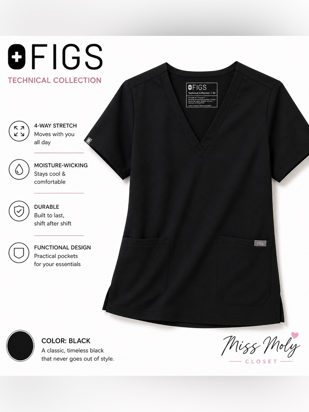 Figs Technical Collection Black V-Neck Scrub Top